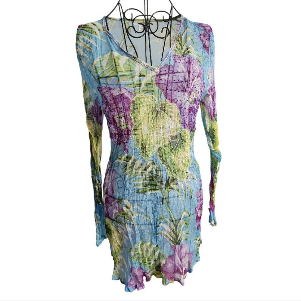 Queenspark Silk Floral Coverup Women Sz US 8 Blue Tropical Sequin Resortwear AU